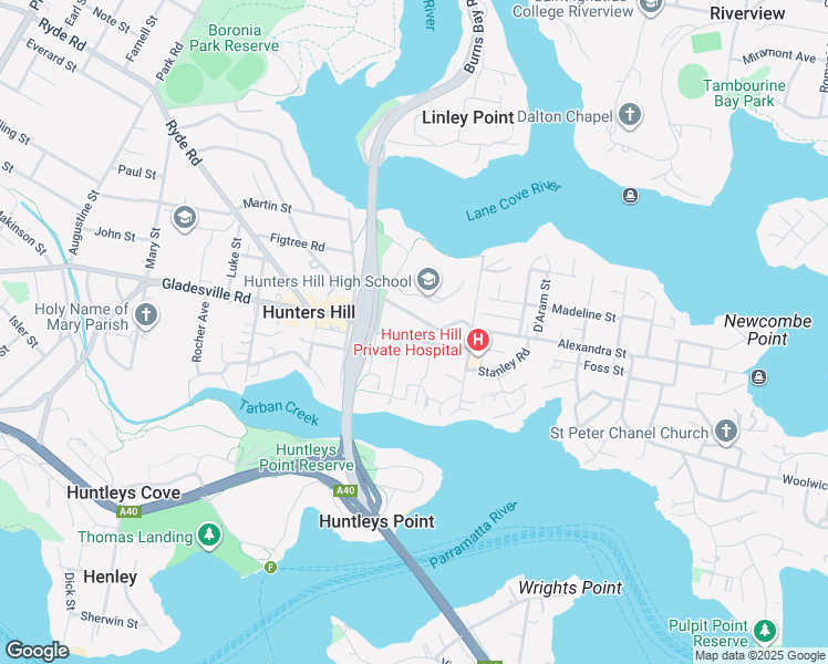 map of restaurants, bars, coffee shops, grocery stores, and more near 18 Church Street in Hunters Hill