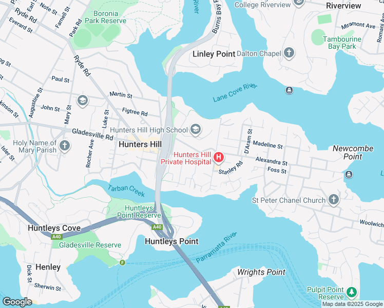 map of restaurants, bars, coffee shops, grocery stores, and more near 20 Church Street in Hunters Hill