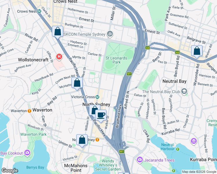 map of restaurants, bars, coffee shops, grocery stores, and more near 168 Walker Street in North Sydney