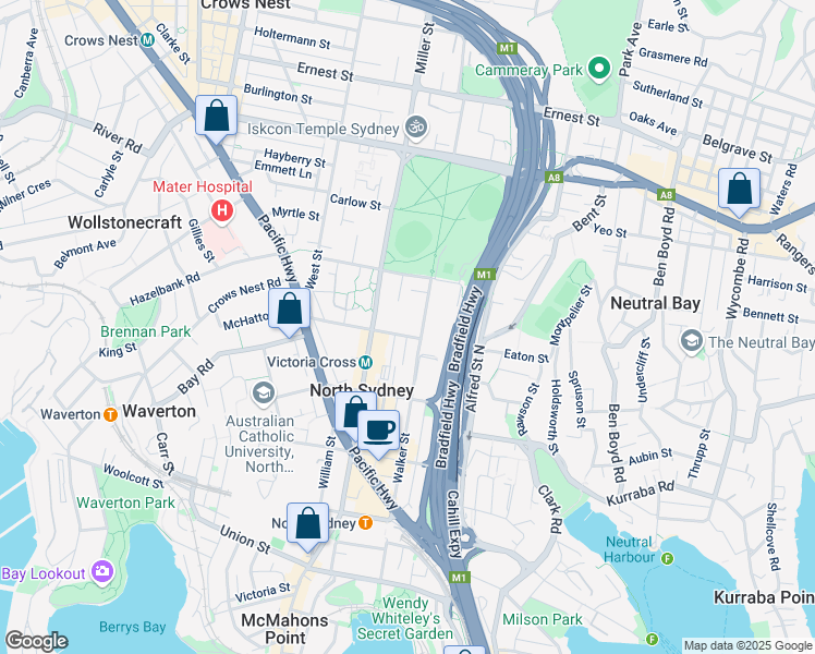 map of restaurants, bars, coffee shops, grocery stores, and more near 168 Walker Street in North Sydney