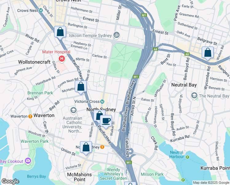 map of restaurants, bars, coffee shops, grocery stores, and more near 168 Walker Street in North Sydney