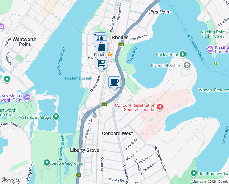 map of restaurants, bars, coffee shops, grocery stores, and more near 1 Homebush Bay Drive in Rhodes