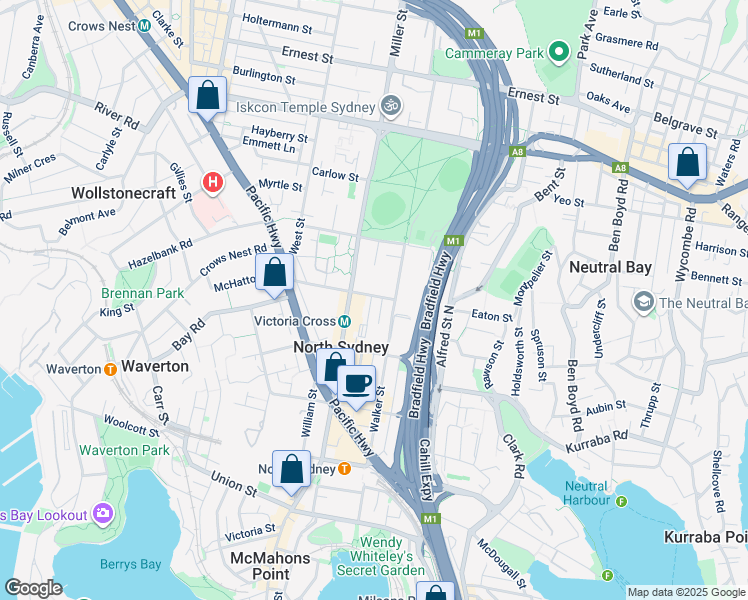map of restaurants, bars, coffee shops, grocery stores, and more near 41 McLaren Street in North Sydney