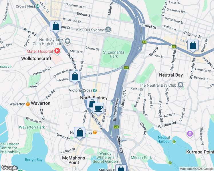 map of restaurants, bars, coffee shops, grocery stores, and more near 45 McLaren Street in North Sydney