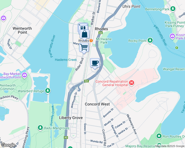 map of restaurants, bars, coffee shops, grocery stores, and more near 1 Homebush Bay Drive in Rhodes