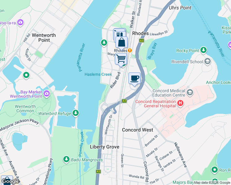 map of restaurants, bars, coffee shops, grocery stores, and more near 1 Rider Boulevard in Rhodes