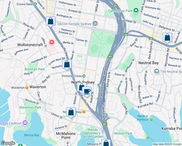 map of restaurants, bars, coffee shops, grocery stores, and more near 41 McLaren Street in North Sydney
