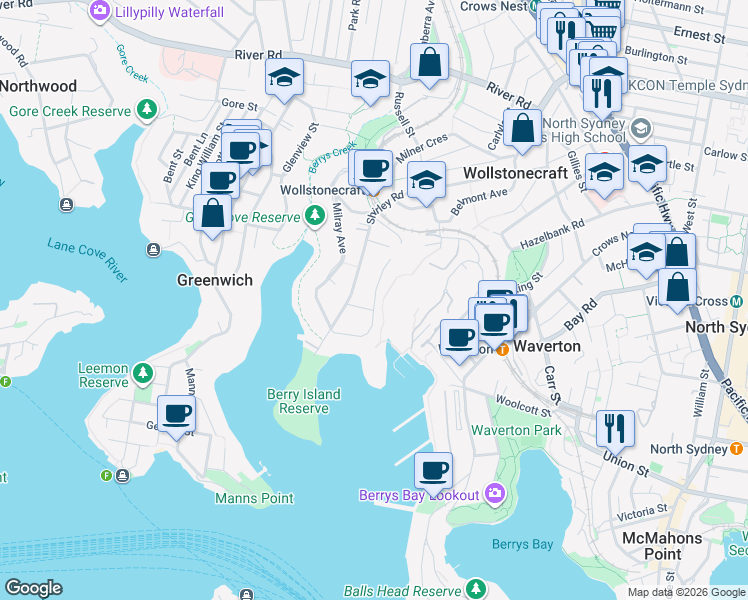 map of restaurants, bars, coffee shops, grocery stores, and more near Tryon Avenue in Wollstonecraft