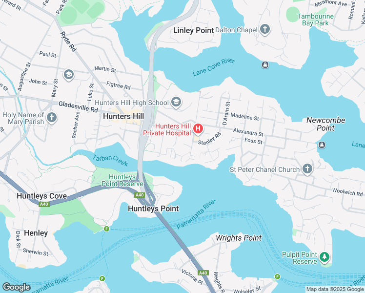 map of restaurants, bars, coffee shops, grocery stores, and more near 5 The Close in Hunters Hill