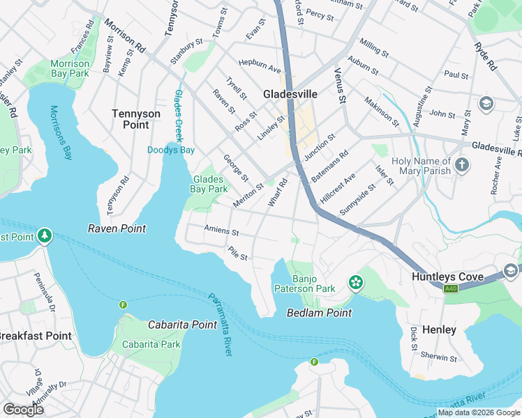 map of restaurants, bars, coffee shops, grocery stores, and more near 31 Wharf Road in Gladesville