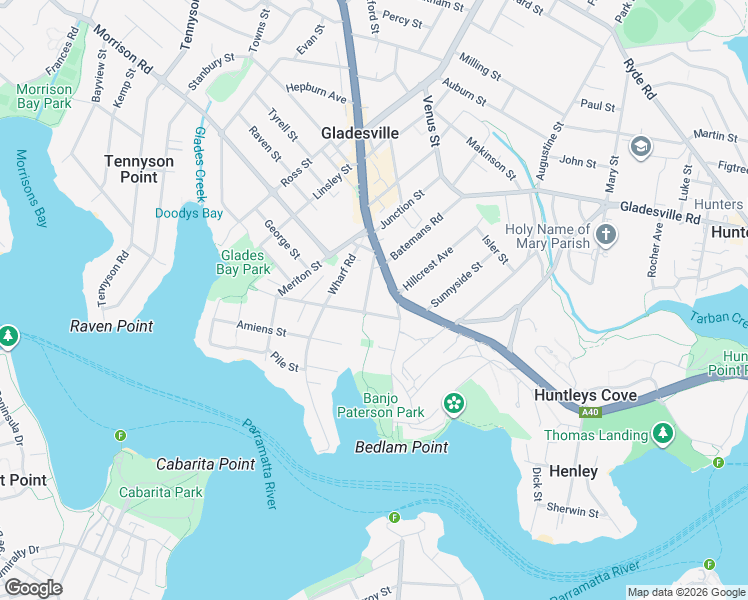 map of restaurants, bars, coffee shops, grocery stores, and more near 8 Pearson Street in Gladesville