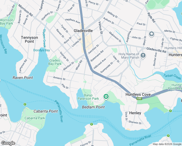 map of restaurants, bars, coffee shops, grocery stores, and more near 6 Punt Road in Gladesville