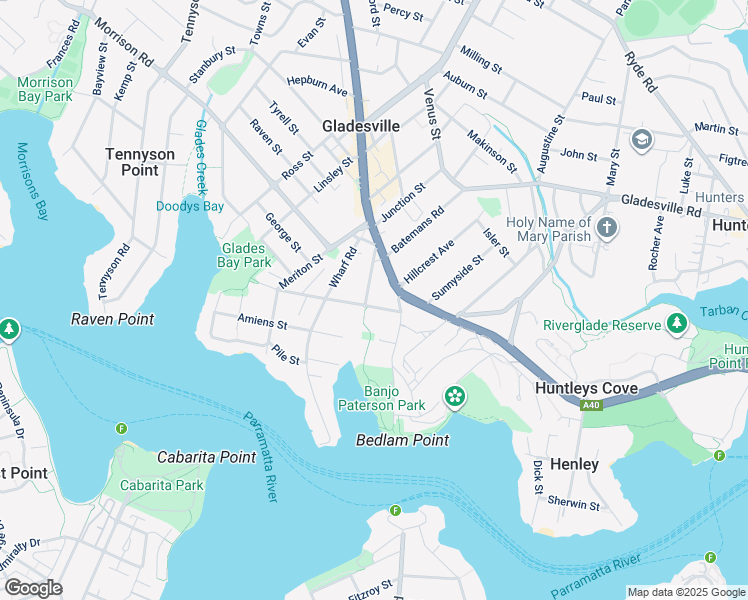 map of restaurants, bars, coffee shops, grocery stores, and more near 12 Pearson Street in Gladesville
