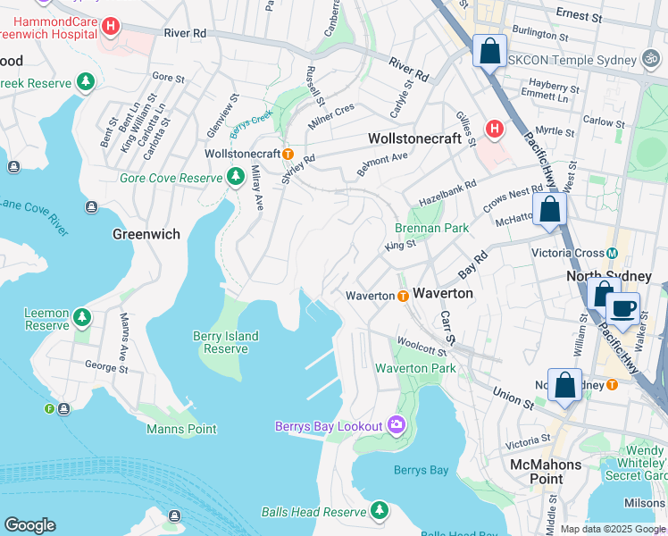 map of restaurants, bars, coffee shops, grocery stores, and more near Wondakiah Drive in Wollstonecraft