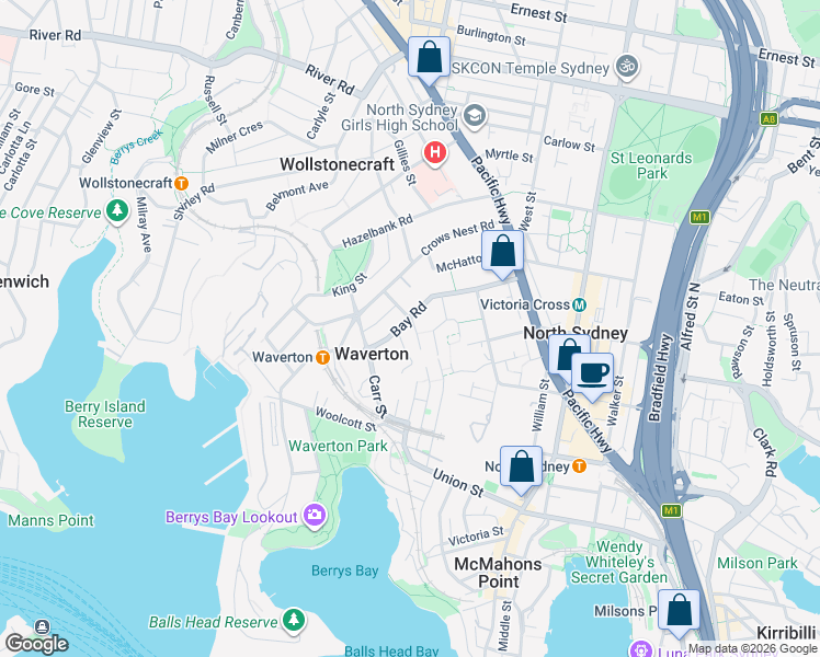 map of restaurants, bars, coffee shops, grocery stores, and more near 70 Bay Road in Waverton