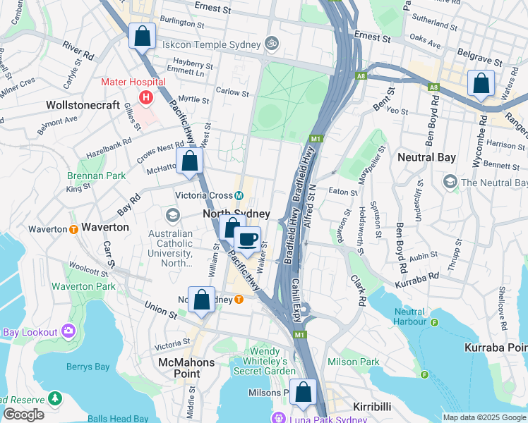map of restaurants, bars, coffee shops, grocery stores, and more near 76 Berry Street in North Sydney