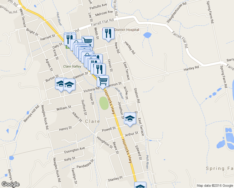 map of restaurants, bars, coffee shops, grocery stores, and more near 32 Jonathan Street in Clare