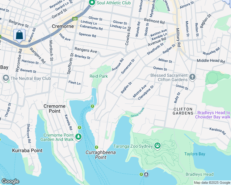 map of restaurants, bars, coffee shops, grocery stores, and more near 22 Mosman Street in Mosman