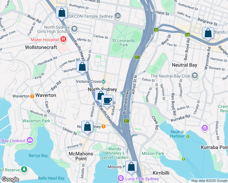 map of restaurants, bars, coffee shops, grocery stores, and more near 76 Berry Street in North Sydney