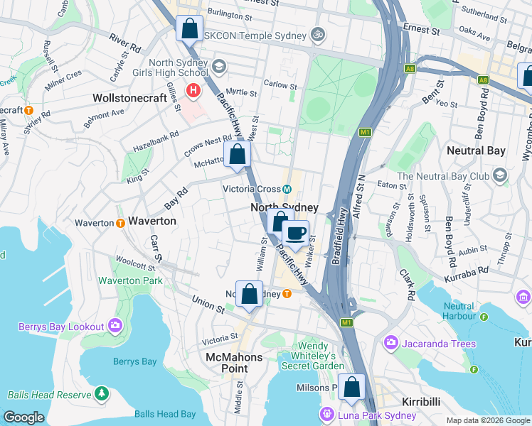 map of restaurants, bars, coffee shops, grocery stores, and more near 177 Pacific Highway in North Sydney