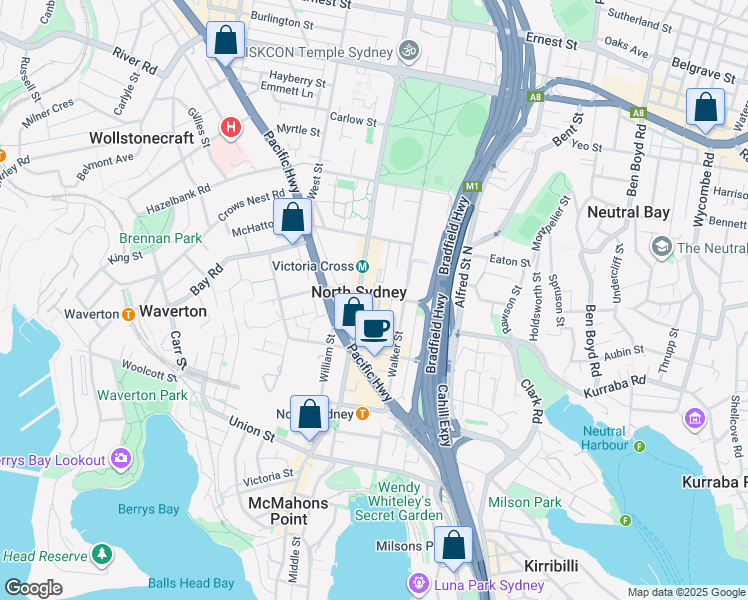 map of restaurants, bars, coffee shops, grocery stores, and more near 65 Berry Street in North Sydney