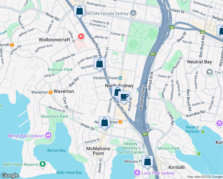 map of restaurants, bars, coffee shops, grocery stores, and more near 177 Pacific Highway in North Sydney
