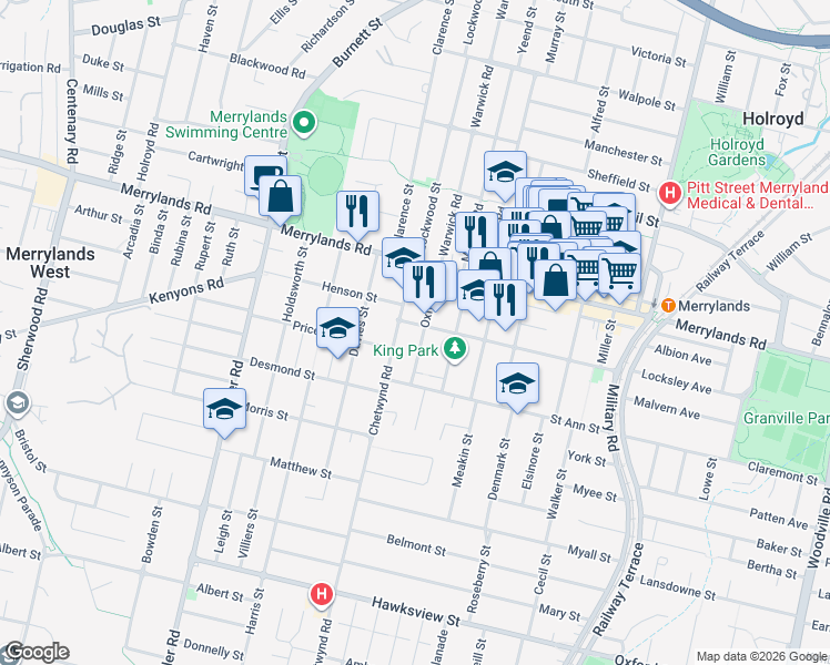 map of restaurants, bars, coffee shops, grocery stores, and more near 19-21 Oxford Street in Merrylands