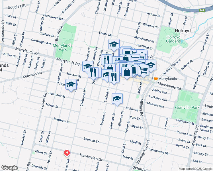 map of restaurants, bars, coffee shops, grocery stores, and more near 57 Newman Street in Merrylands