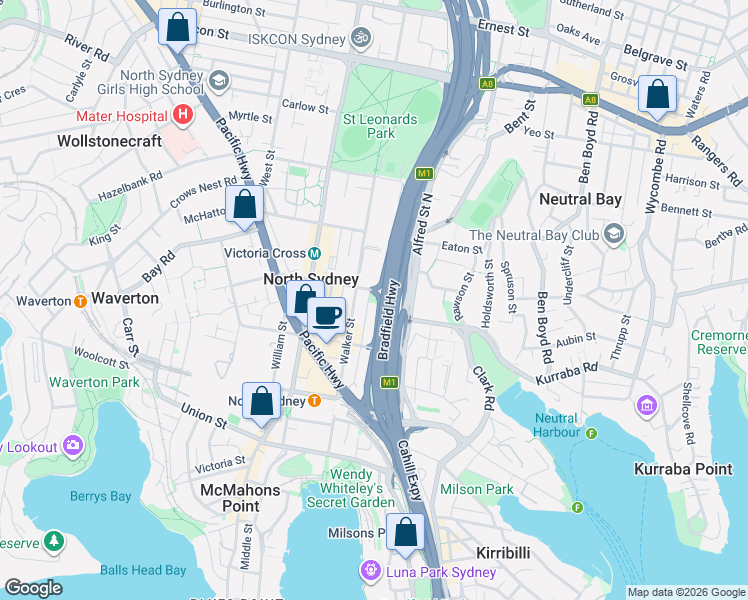 map of restaurants, bars, coffee shops, grocery stores, and more near 1 Little Walker Street in North Sydney
