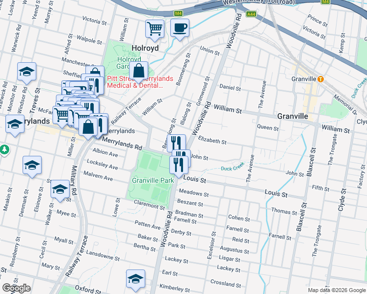 map of restaurants, bars, coffee shops, grocery stores, and more near 142 Woodville Road in Merrylands