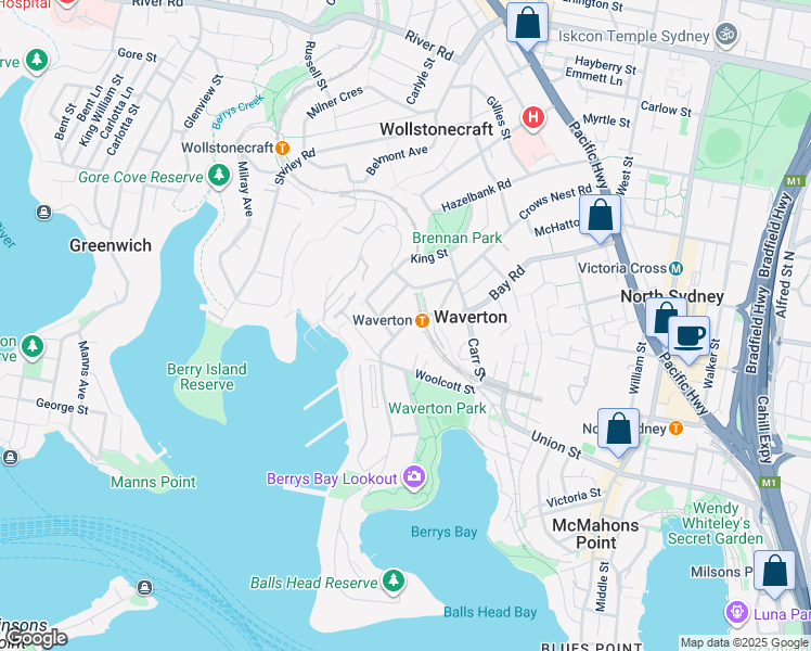 map of restaurants, bars, coffee shops, grocery stores, and more near 104 Bay Road in Waverton