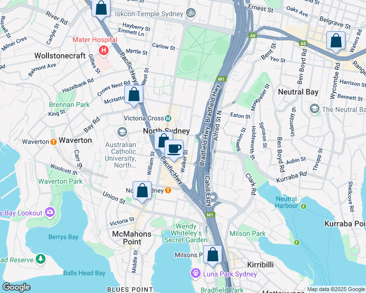 map of restaurants, bars, coffee shops, grocery stores, and more near 110 Walker Street in North Sydney