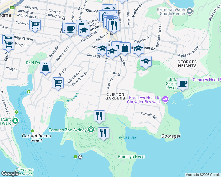 map of restaurants, bars, coffee shops, grocery stores, and more near 11 Ruby Street in Mosman