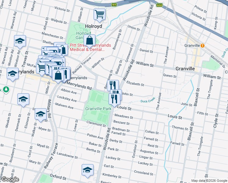 map of restaurants, bars, coffee shops, grocery stores, and more near 1 Merrylands Road in Merrylands