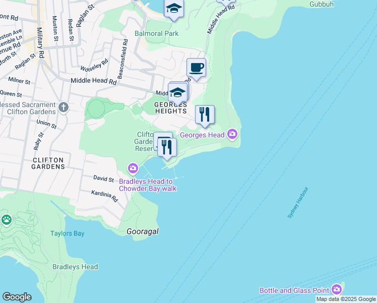 map of restaurants, bars, coffee shops, grocery stores, and more near Chowder Bay Road in Mosman