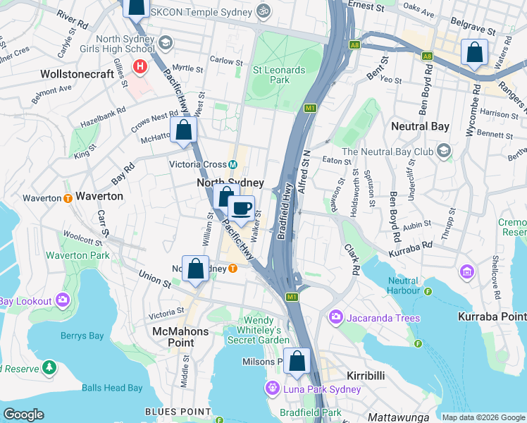 map of restaurants, bars, coffee shops, grocery stores, and more near 141 Walker Street in North Sydney