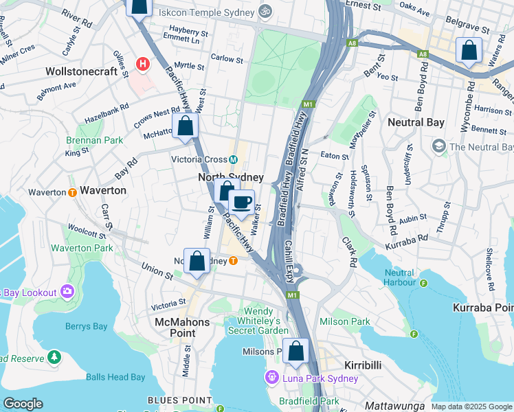 map of restaurants, bars, coffee shops, grocery stores, and more near 110 Walker Street in North Sydney