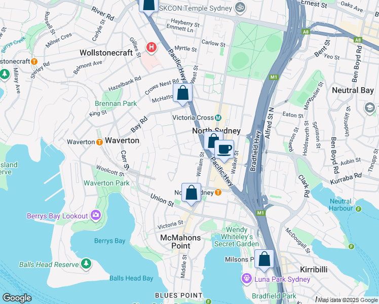 map of restaurants, bars, coffee shops, grocery stores, and more near 16 Mount Street in North Sydney