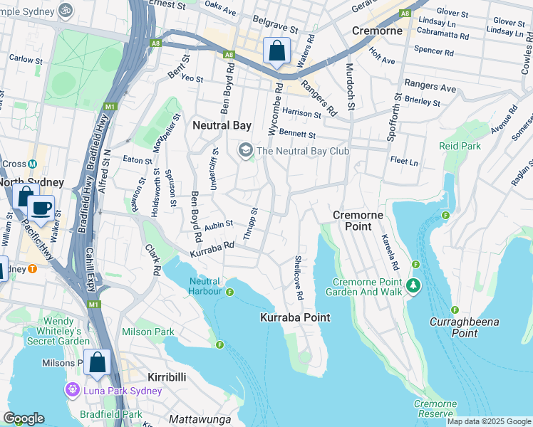 map of restaurants, bars, coffee shops, grocery stores, and more near 60 Wycombe Road in Neutral Bay