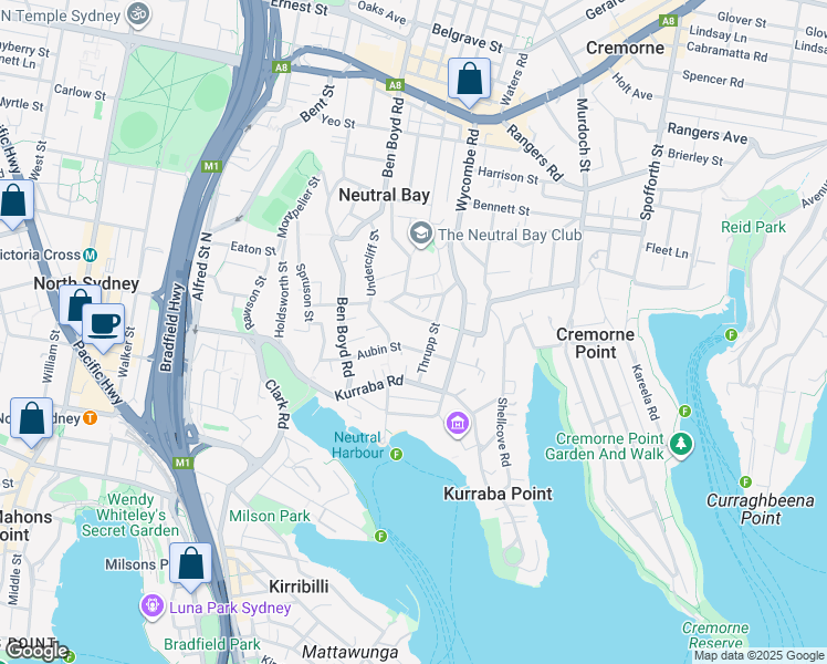 map of restaurants, bars, coffee shops, grocery stores, and more near 62 Aubin Street in Neutral Bay