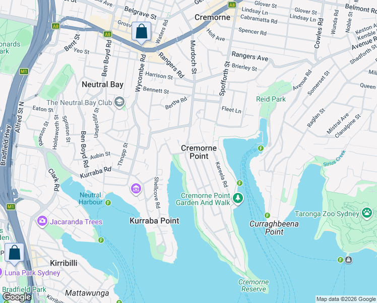 map of restaurants, bars, coffee shops, grocery stores, and more near 125 Milson Road in Cremorne Point