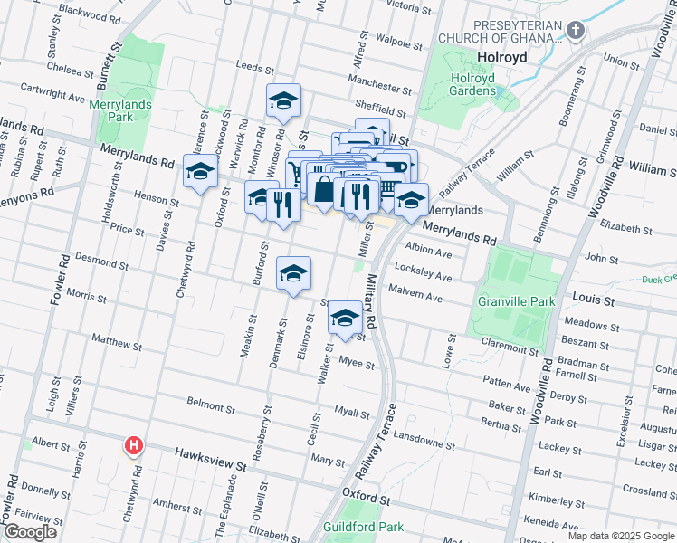 map of restaurants, bars, coffee shops, grocery stores, and more near 30 Memorial Avenue in Merrylands