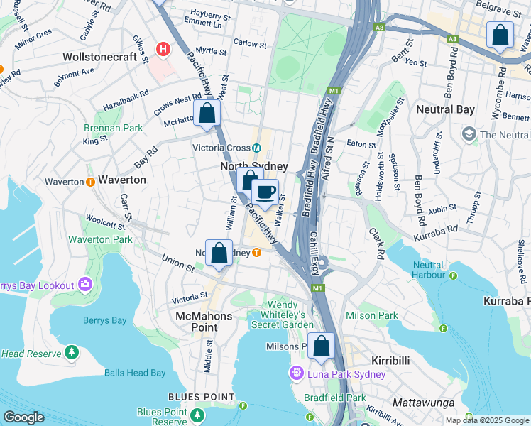 map of restaurants, bars, coffee shops, grocery stores, and more near 83 Mount Street in North Sydney