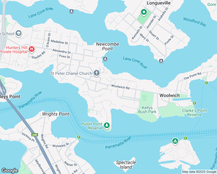 map of restaurants, bars, coffee shops, grocery stores, and more near 23 Woolwich Road in Hunters Hill