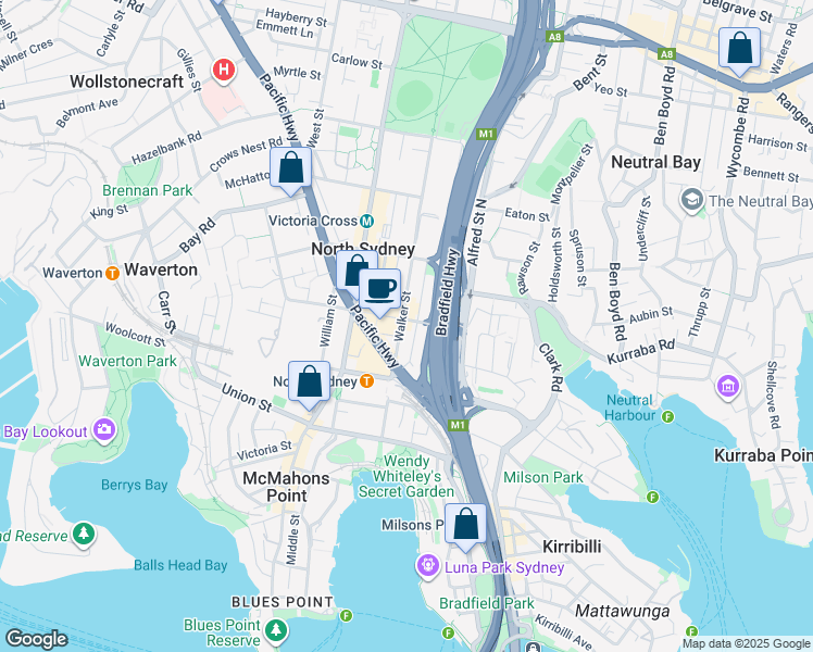 map of restaurants, bars, coffee shops, grocery stores, and more near 99 Walker Street in North Sydney