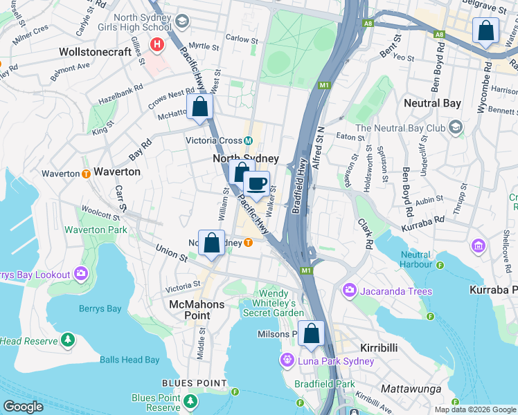 map of restaurants, bars, coffee shops, grocery stores, and more near 1 Elizabeth Plaza in North Sydney