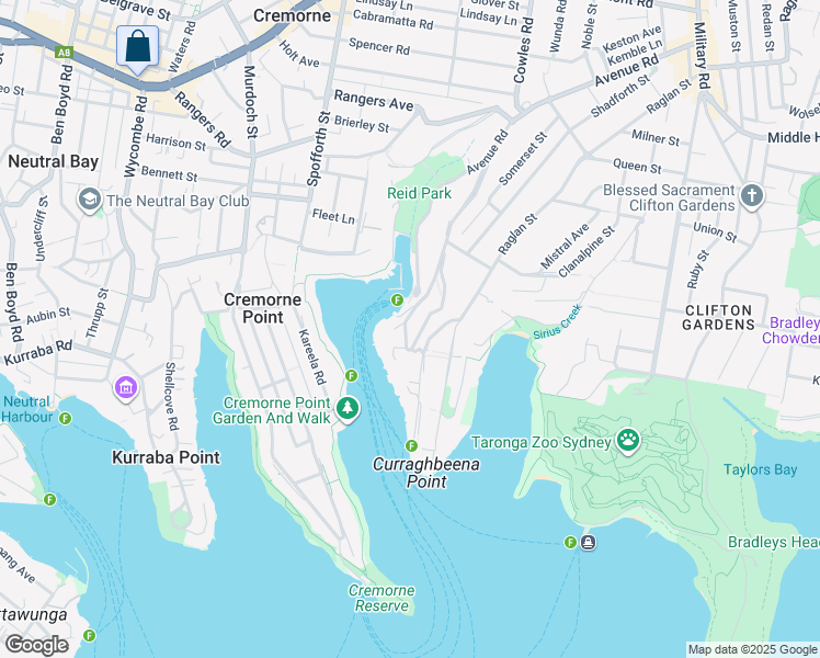map of restaurants, bars, coffee shops, grocery stores, and more near 1 Mosman Street in Mosman