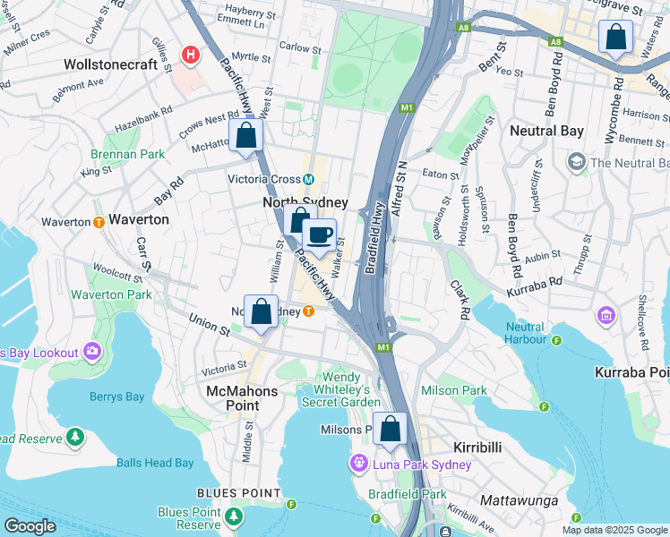 map of restaurants, bars, coffee shops, grocery stores, and more near 99 Walker Street in North Sydney