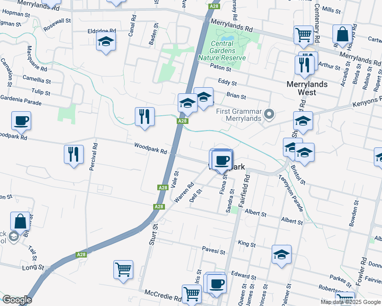 map of restaurants, bars, coffee shops, grocery stores, and more near 73 Woodpark Road in Woodpark