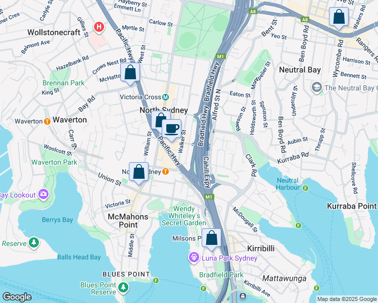 map of restaurants, bars, coffee shops, grocery stores, and more near 100 Arthur Street in North Sydney